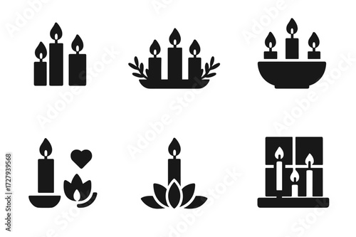 Candle Icon Set. Solid, filled icon set of candle arrangements: grouped candles, centerpiece candles, floating candles in bowl, tiered candles, romantic setup,