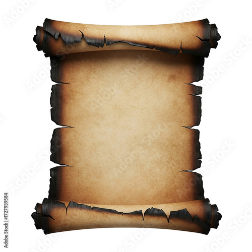 Old burnt parchment scroll page, aged paper background,Ancient scroll displaying a torn and burnt old paper background texture