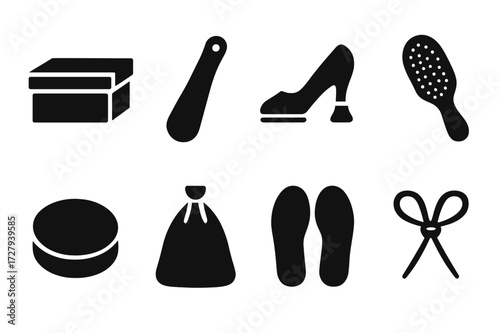 Shoe Accessories Icons. Solid, filled icon set of heel shoe accessories: shoe box, shoe horn, heel protector, shoe brush, shoe polish, shoe bag, insoles,