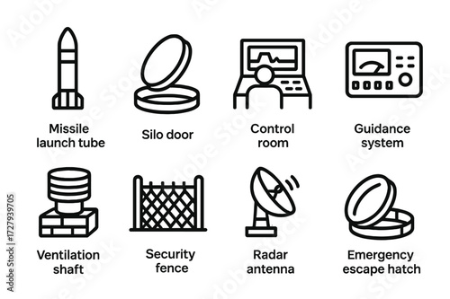 Missile Silo Icons. Outline icon set of missile silo components: missile launch tube, silo door, control room, guidance system, ventilation shaft, security