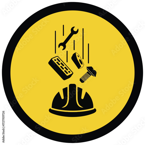 Falling Objects Hazard Warning Sign with Hard Hat Icon.