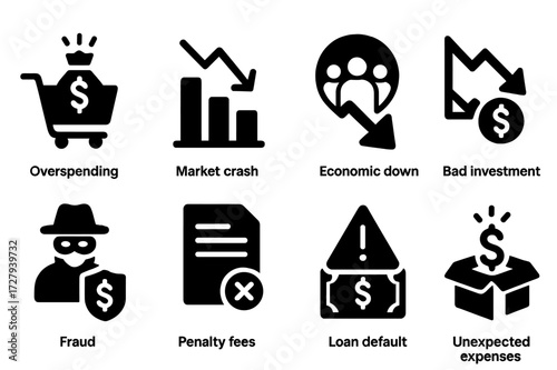 Economic Crisis Icons. Solid, filled icon set of red numbers causes: overspending, market crash, economic downturn, bad investment, fraud, penalty fees, loan