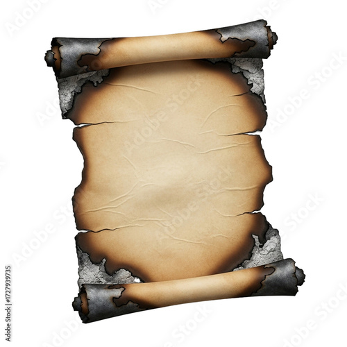 Old burnt parchment scroll page, aged paper background,Ancient scroll displaying a torn and burnt old paper background texture