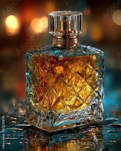 Elegant Perfume Bottle with Reflections and Water Droplets