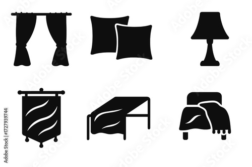 Silk Decor Icons. Solid, filled icon set of silk uses in home decor: silk curtains, silk cushions, silk upholstery, silk lampshade, silk wall art, silk table