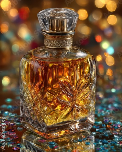 Elegant Perfume Bottle with Golden Liquid and Sparkling Background