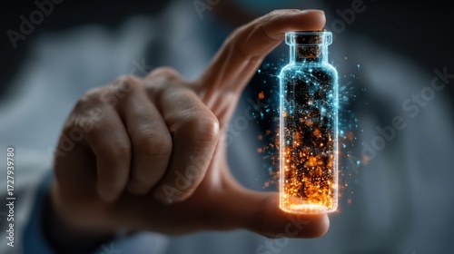 Hand Holding Transparent Vial with Glowing Particles and Effects