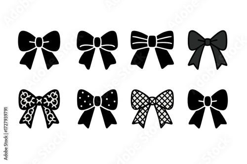 Bow Material Icons. Solid, filled icon set of bow materials: satin ribbon, velvet, grosgrain, silk, organza, lace, tulle, cotton. Solid, filled icons in only