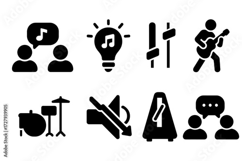 Jam Session Icons. Solid, filled icon set of jam session techniques: call and response, improvisation, groove building, soloing, rhythm section, dynamics