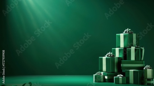 Festive Green Gift Boxes Stacked with Elegant Ribbons in Spotlight