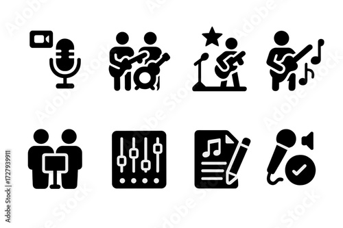 Music Session Icons. Solid, filled icon set of session types: recording session, jam session, live session, practice session, rehearsal session, mixing
