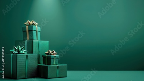 Stylish Green Gift Boxes with Decorative Bows on Solid Background