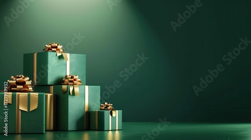Elegant Green Gift Boxes with Golden Ribbons on Dark Background