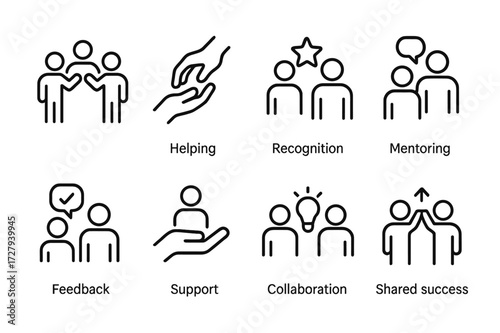 Workplace Kindness Icons. Outline icon set of kindness in workplace: teamwork, helping hand, recognition, mentoring, feedback, support, collaboration, shared
