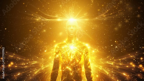Glowing Human Figure Surrounded by Golden Light and Energy Waves