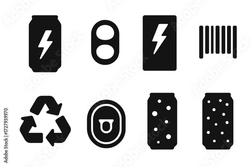 Energy Drink Icons. Solid, filled icon set of energy drink packaging: aluminum can, pull tab, label design, barcode, nutrition facts, recyclable symbol, sealed