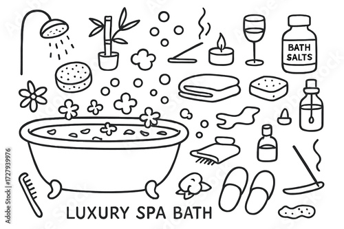 Luxury Spa Essentials. Hand-drawn doodle illustration Luxury spa bath bathtub, flower petals, candle, wine glass, sponge, bubbles, towel, bath salts jar, soap,