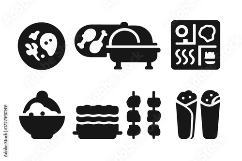 Black Food Icon Set. Solid, filled icon set of plated main courses: single plate, sharing platter, buffet dish, bento box, bowl meal, layered dish, skewers,