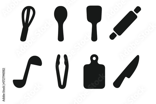 Kitchen Utensils Icons. Solid, filled icon set of kitchen utensils: oak whisk, wooden spoon, spatula, rolling pin, ladle, tongs, cutting board, knife. [Line