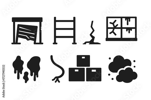 Neglected Warehouse Icons. Solid, filled icon set of neglected warehouse: broken doors, empty shelves, cracked floor, smashed windows, rust stains, exposed