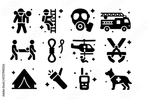 Fire Rescue Icons. Fire rescue. Solid icons set of firefighter carrying person, ladder rescue, smoke mask, fire truck ladder, stretcher, rescue rope,