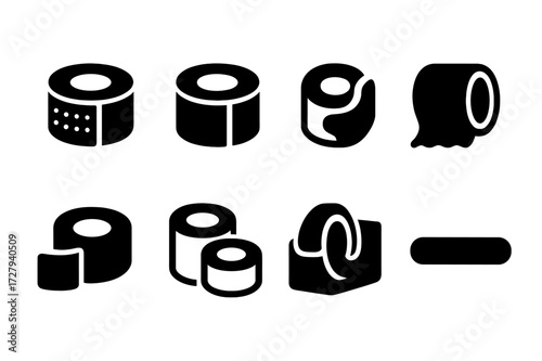 Medical Tape Icons. Solid, filled icon set of medical tape: bandage tape, hypoallergenic tape, sports tape, elastic tape, adhesive tape, roll tape, tape