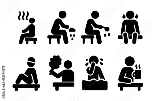 Banya Activity Icons. Solid, filled icon set of banya activities: steaming, pouring water, sweating, resting, whisking with venik, washing, cooling off,