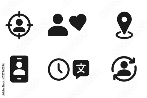 Audience Targeting Icons. Solid, filled icon set of audience targeting: demographics, interests, behavior, location, device, time, language, retargeting. [Line