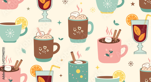 Seamless Pattern with Various Cozy Hot Winter and Holiday Beverages