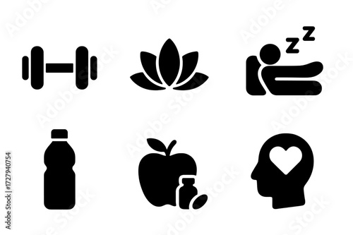 Nourishment Icon Set. Solid, filled icon set of nourishment lifestyle: fitness, wellness, meditation, sleep, hydration, healthy eating, supplements, mental