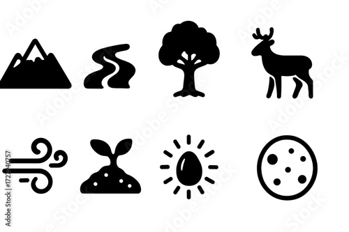 Natural Vitality Icons. Solid, filled icon set of natural vitality: mountain peak, flowing river, strong tree, wild animal, fresh breeze, fertile soil, glowing