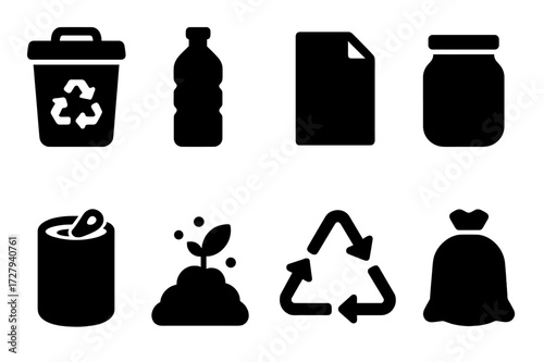 Eco-Friendly Icons. Solid, filled icon set of eco-friendly recycling: recycle bin, plastic bottle, paper sheet, glass jar, metal can, compost pile, recycling