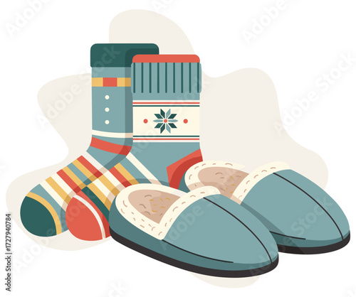 Pair of Warm Winter Slippers and Cozy Knitted Socks