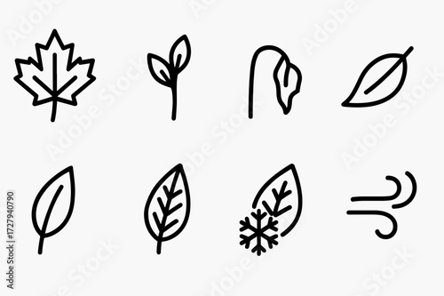 Seasonal Leaf Icons. Solid, filled icon set of seasonal leaves: autumn leaf, spring leaf bud, wilted leaf, fallen leaf, fresh green leaf, dry leaf,