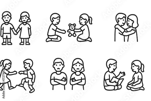 Stepsiblings Icon Set. Outline icon set of stepsiblings interactions: holding hands, playing together, sharing toys, sibling hug, helping each other, friendly