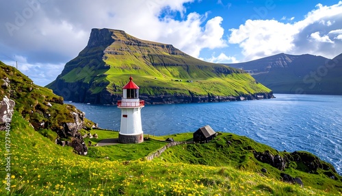 Scenic lighthouse on a dramatic, green island
