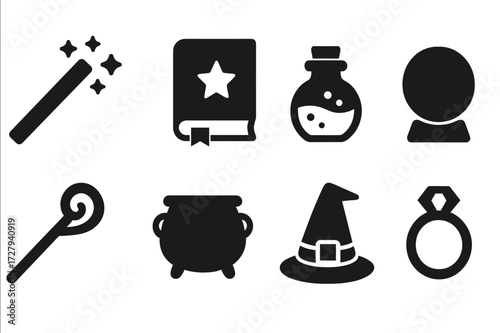 Magic Tools Icons. Solid, filled icon set of magic tools: wand, spell book, potion bottle, crystal ball, magic staff, cauldron, magic hat, enchanted ring.