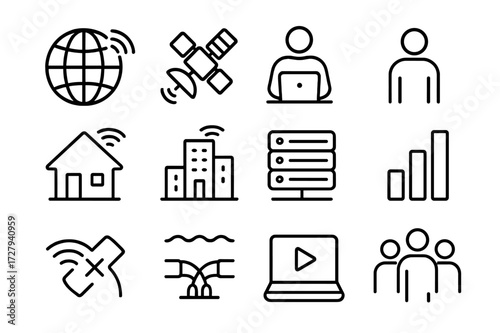 Connectivity Icons Grid. Connectivity gap. Line icon set of connectivity gap: globe with Wi-Fi signal, satellite providing internet, person using laptop,