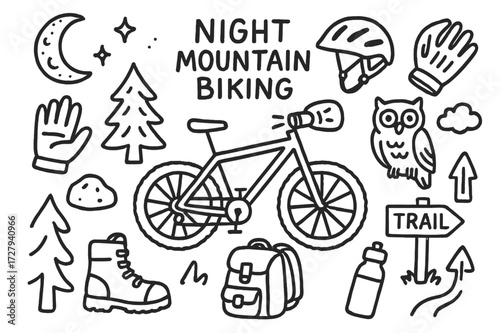 Night Mountain Biking. Hand-drawn doodle illustration Night mountain biking bike, headlamp, helmet, gloves, moon, star, tree, rock, owl, backpack, water