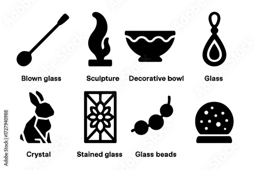 Iconic Glass Artworks. Solid, filled icon set of glass art and decoration: blown glass, glass sculpture, decorative bowl, glass pendant, crystal figurine,