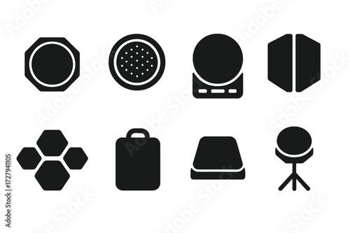 Drum Pad Icons. Solid, filled icon set of practice pad types: rubber pad, mesh pad, electronic pad, foldable pad, multi-surface pad, portable pad, desktop pad,