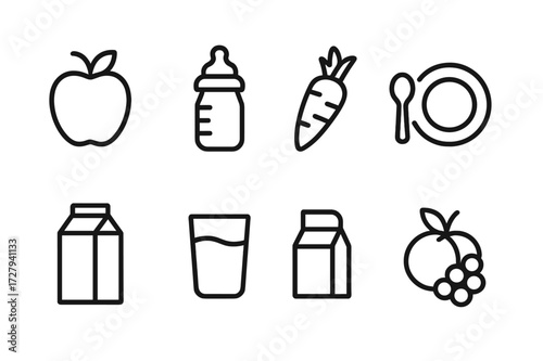 Raising Nutrition Icons. Outline icon set of nutrition in raising: apple, baby bottle, carrot, spoon, plate, milk, water glass, fruit. Line icons in only black