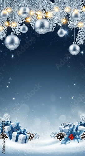 Elegant Christmas background with frosted fir branches, shimmering silver baubles, and festive lights, featuring gift boxes on snow, perfect for holiday greetings