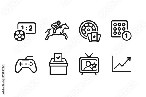 Wager Event Icons. Outline icon set of wager event types: sports match, horse race, casino game, lottery, esports, political election, reality show, financial