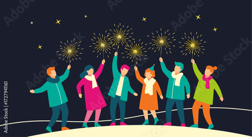 Diverse Group of Adults Celebrating New Year with Sparklers and Fireworks