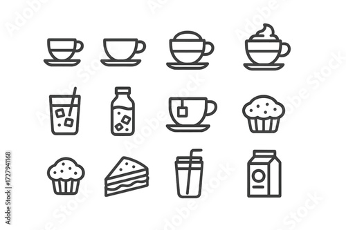 Coffee Shop Icons. Coffee shop menu. Line icon set of coffee shop menu: espresso cup, cappuccino cup, latte cup, mocha cup, iced coffee, cold brew, tea cup,