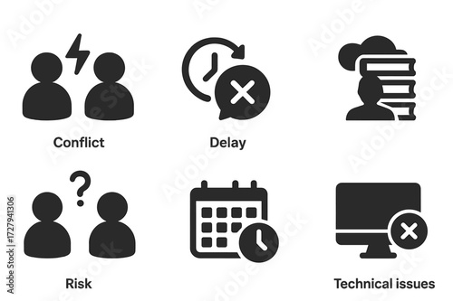 Collaboration Challenges Icons. Solid, filled icon set of collaboration challenges: conflict, miscommunication, delay, overload, misunderstanding, risk,