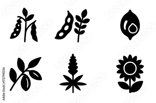Vegetarian Protein Icons. Solid, filled icon set of vegetarian protein plant types: pea plant, soybean pod, lentil plant, chickpea pod, almond branch, quinoa