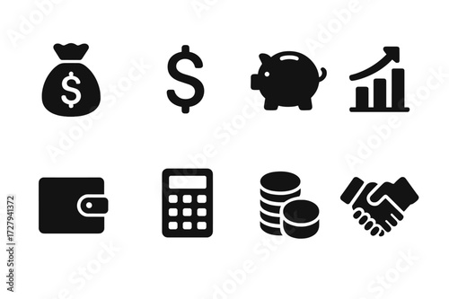 Investment Icons Grid. Solid, filled icon set of investment basics: money bag, dollar sign, piggy bank, growth chart, wallet, calculator, coin stack,