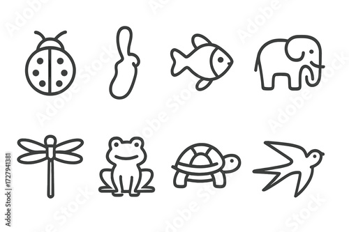Lucky Animals Icons. Outline icon set of lucky animals: ladybug, rabbit foot, goldfish, elephant, dragonfly, frog, turtle, swallow. Line icons in only black